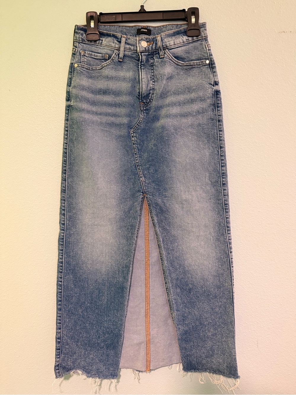 High-Waist Blue Denim Maxi Skirt with Front Slit - Size 4